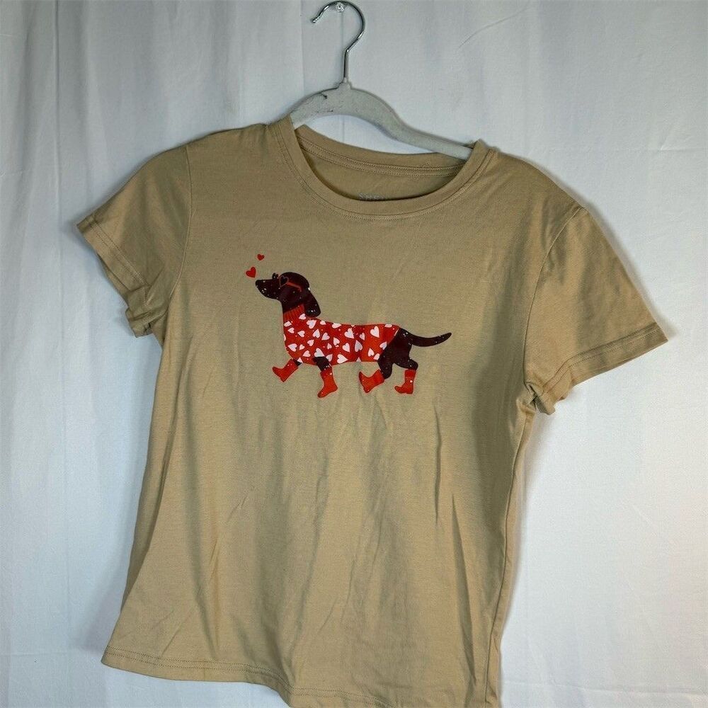 SHEIN T-Shirt Womens Size S Tan Graphic Dachshund Dog Hearts Crewneck